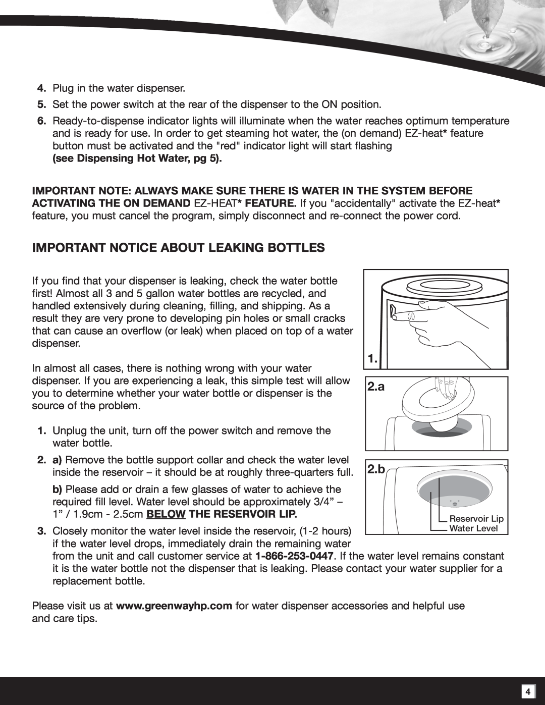 Greenway Home Products GWD2630W-1 manual IMPORTANT NOTICE ABout leaking bottles, see Dispensing Hot Water, pg 